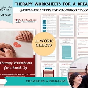May include: A red and white cover with the text "Therapy Worksheets for a Break Up" and "11 Work Sheets". The cover features a photo of two hands holding a broken heart. The text "@THEMARRIAGERESTORATIONPROJECT.COM" is at the top of the cover.