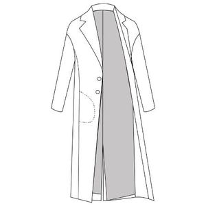 以下が含まれることがあります： 左側にパッチポケットが付いた、白い長袖のコート。ボタンは1つで留められています。コートは開いており、裏地が見えています。