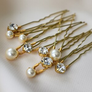 Crystal Pearl Bridal Hair Pins, Gold Bridal Hair Pins, Crystal Pearl Wedding Headpiece, Simple Bridal Headpiece, Bridesmaid Hair Pins