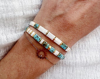 Bracelet MYKONOS "miyuki" avec perle plate TURQUOISE - bijoux ÉTÉ réglables boho hippie chic- perle doré plaqué or.