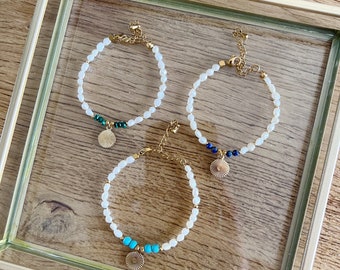 Bracelet délicat « INTI », perles d’eau douce et pierre naturelle, Acier inoxydable 316 doré, résiste à la vie, bijou femme bohème chic