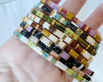 Bracelet colorés "miyuki" avec perle plate pour été- bijoux réglables boho hippie chic- perle doré plaqué or.