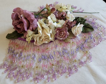 A set of Velvet flowers and beaded fringes for lampshade, Lavender, Roses, Vintage millinery, Flower crown