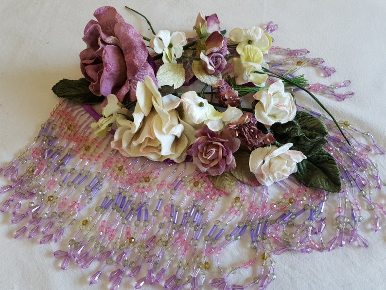 Embellishment pack of lavender beaded fringes,Velvet flowers in vintage colours,mauve,cream, plum image 1