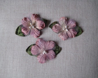 Flower Applique 3 Vintage look Plum flowers with olive leaves for Millinery, Brooches, Hair Clips, Scrapbooking