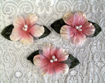 Flower Applique 3 Vintage Pink flowers with olive leaves for Millinery, Brooches, Hair Clips, Scrapbooking