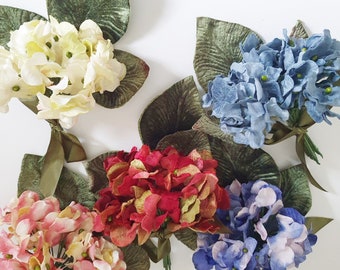 5 Vintage Velvet hydrangea Posies in Antique Blue, Cream,Pink, Royal Blue, and Burgundy colors.