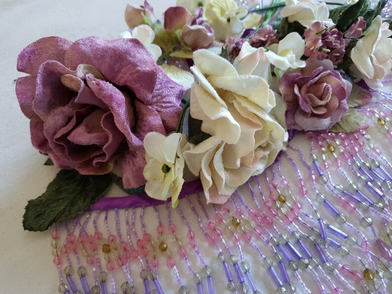 Embellishment pack of lavender beaded fringes,Velvet flowers in vintage colours,mauve,cream, plum image 4