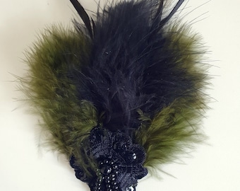 Green/Black Ostrich Feather Brooch,Black Lace sequence ,black faux Pearls