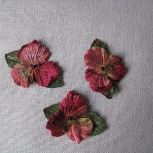 Flower Applique 3 red velvet pansies with olive leaves for Millinery, Brooches, Hair Clips, Scrapbooking
