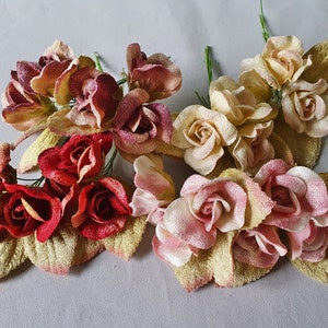 4 posies English Rose Heads. Velvet flowers. Velvet leaves. Millinery flowers. Flower crowns. Millinery supply. Vintage millinery.