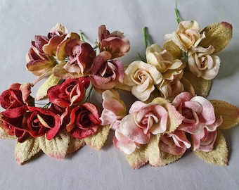 4 posies English Rose Heads. Velvet flowers. Velvet leaves. Millinery flowers. Flower crowns. Millinery supply. Vintage millinery.