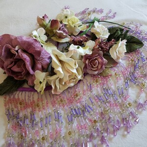 Embellishment pack of lavender beaded fringes,Velvet flowers in vintage colours,mauve,cream, plum image 2