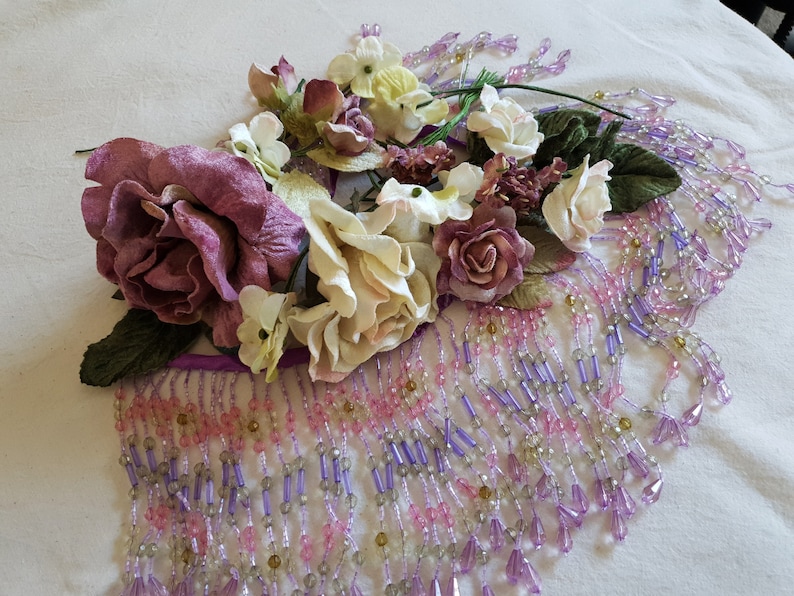 Embellishment pack of lavender beaded fringes,Velvet flowers in vintage colours,mauve,cream, plum image 2