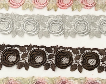 Hand-Dyed Venise Lace, Bundle of mixed hand painted rose trims.