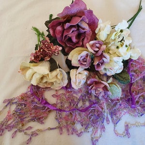 Embellishment pack of lavender beaded fringes,Velvet flowers in vintage colours,mauve,cream, plum image 6