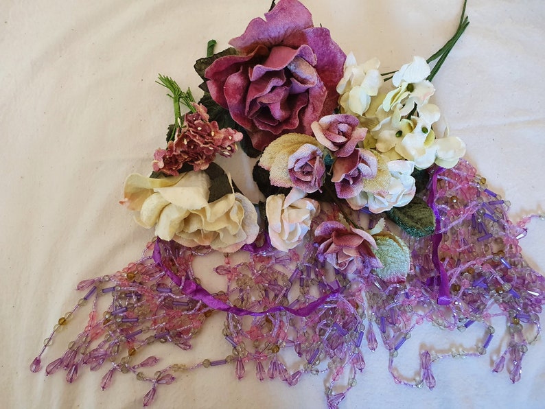 Embellishment pack of lavender beaded fringes,Velvet flowers in vintage colours,mauve,cream, plum image 6