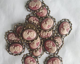 7 Pink Lady cameo, antique brass frame, flat backing, vintage style