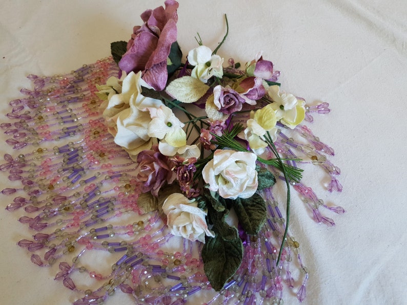 Embellishment pack of lavender beaded fringes,Velvet flowers in vintage colours,mauve,cream, plum image 3