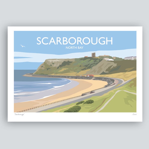 Scarborough print featuring North Bay and Scarborough Castle, North Yorkshire, England. Art Print/Poster by JuliaS Illustration.