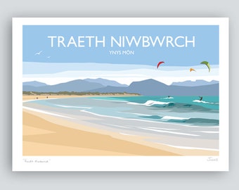 WELSH Title - Traeth Niwbwrch, Ynys Mon (Newborough Beach, Anglesey). HAND SIGNED Art Print/Travel Poster by JuliaSIllustration.
