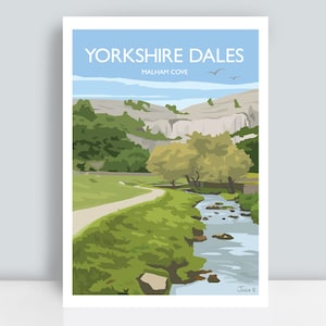 Yorkshire Dales print featuring Malham Cove, North Yorkshire, England. Travel Art by Julia Seaton. Hand drawn and signed by the artist.