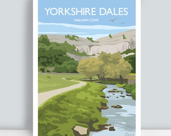 Yorkshire Dales print featuring Malham Cove, North Yorkshire, England. Travel Art by Julia Seaton. Hand drawn and signed by the artist.