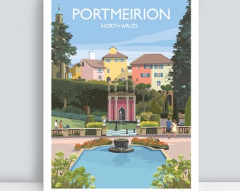 May include: A colorful illustration of Portmeirion, North Wales, featuring a picturesque village with pastel-colored buildings, a fountain, and lush greenery. The text "Portmeirion" and "North Wales" is displayed at the top of the image.