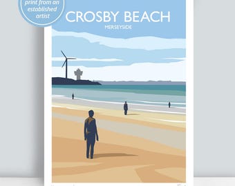 Crosby Beach, Merseyside, England. HAND SIGNED Art Print/Travel Poster by JuliaSIllustration.