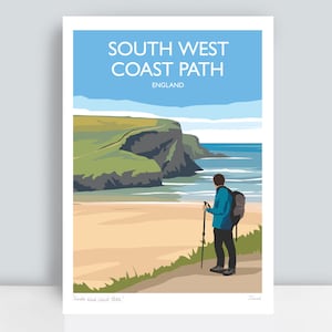 May include: A hiker with a backpack and walking poles looks out at the sea from a clifftop path. The text "SOUTH WEST COAST PATH ENGLAND" is at the top of the image.
