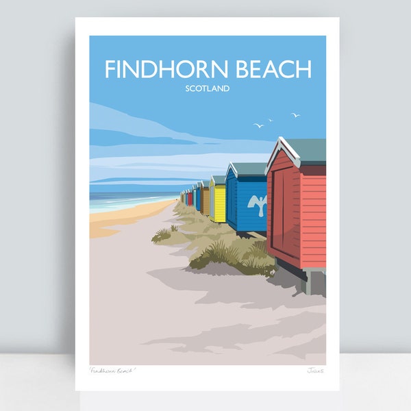 Findhorn Beach, Scotland. HAND SIGNED Art Print/Travel Poster by JuliaS Illustration.