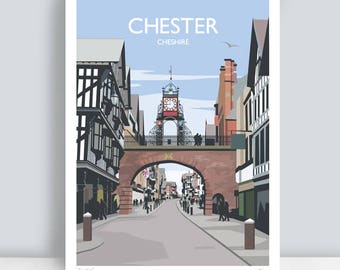 Chester, Cheshire. HAND SIGNED Art print/travel Poster by JuliaS Illustration.