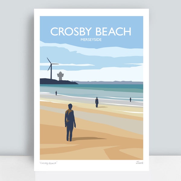 Crosby Beach, Merseyside, England. HAND SIGNED Art Print/Travel Poster by JuliaSIllustration.