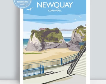 Newquay, Cornwall. HAND SIGNED Art Print/Travel Poster drawn by Julia Seaton.