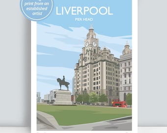 Liverpool Pier Head Art Print: Hand signed travel poster print by artist Julia Seaton