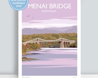 Menai Bridge, North Wales. Travel Art Print/Poster drawn by artist Julia Seaton.