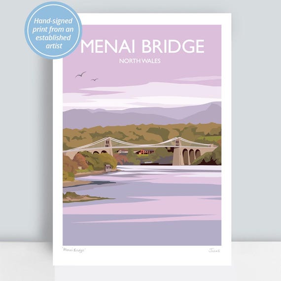 Menai Bridge, North Wales. Travel Art Print/Poster drawn by artist Julia Seaton.