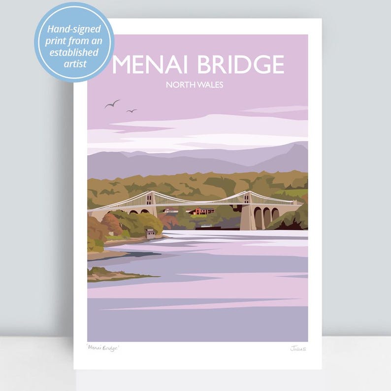 Menai Bridge, North Wales. Travel Art Print/Poster drawn by artist Julia Seaton. image 1