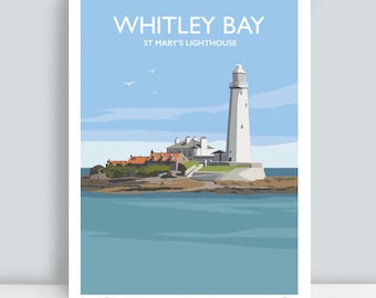 May include: A colorful illustration of St. Mary's Lighthouse on Whitley Bay, England. The lighthouse is white with a black top and is situated on a small island with a few houses. The sky is blue with white clouds and there are seagulls flying in the sky.
