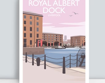 May include: A colorful illustration of the Royal Albert Dock in Liverpool, England. The image features a pink sky, a blue body of water, and a brick building with red accents. The text "Royal Albert Dock Liverpool" is displayed at the top of the image.