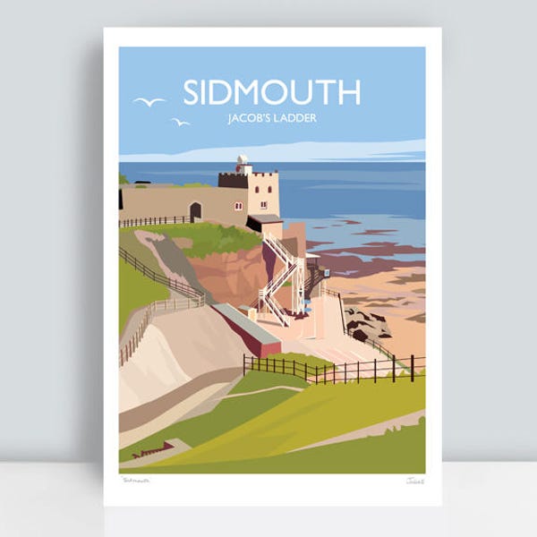 Sidmouth, Jacob's Ladder, Devon. Travel Art Print/Poster by Julia Seaton. Hand drawn and signed (in pencil) by the artist.