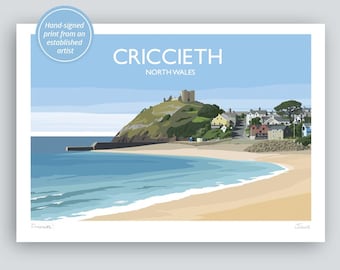 Criccieth, North Wales. HAND SIGNED Art Print/Travel Poster by JuliaSIllustration.