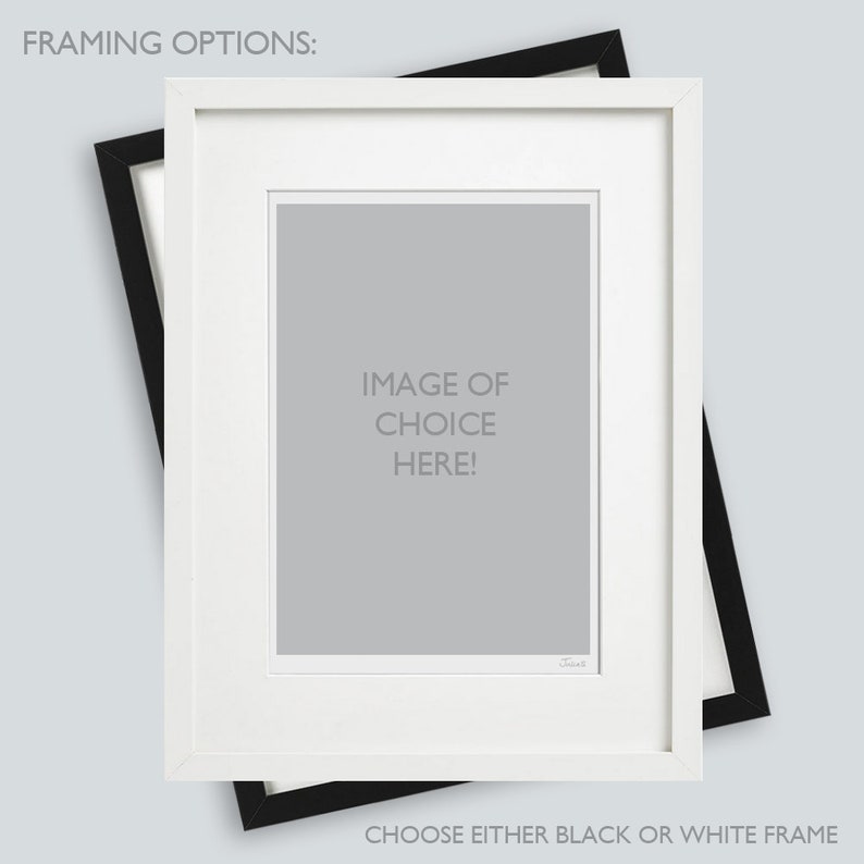 May include: Two framing options for a picture or print. A white frame with a black mat and a black frame with a white mat. The text "IMAGE OF CHOICE HERE!" is visible in the center of the image.