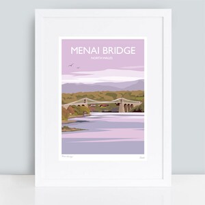 May include: A purple and white illustration of the Menai Bridge in North Wales. The bridge is a suspension bridge with two towers and a road deck. The bridge is over a body of water with mountains in the background.