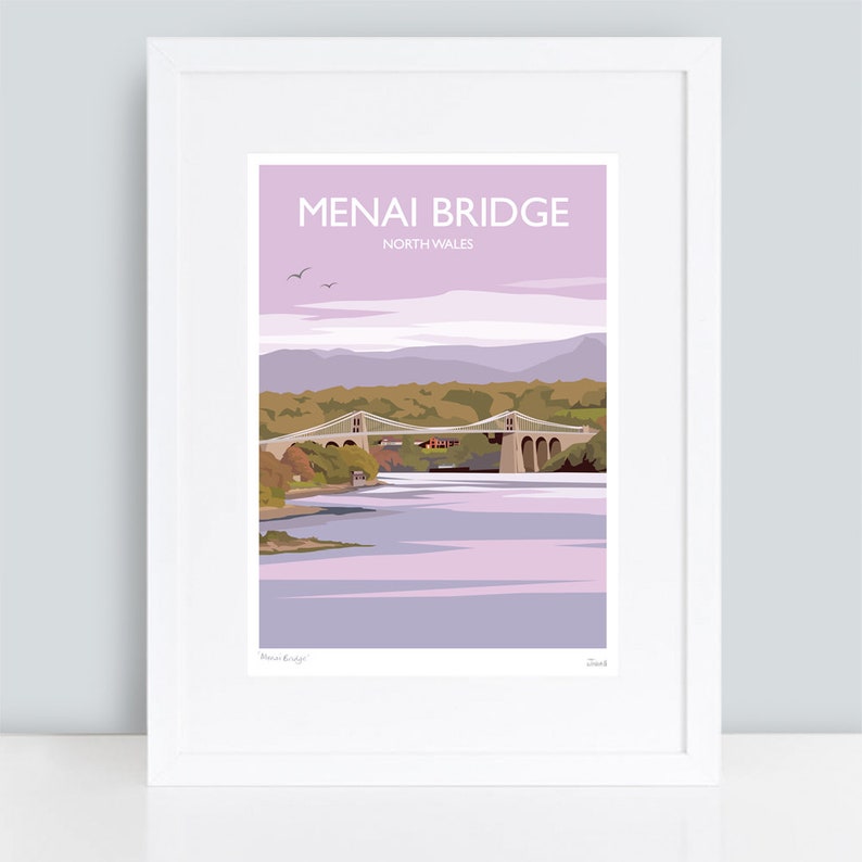 May include: A purple and white illustration of the Menai Bridge in North Wales. The bridge is a suspension bridge with two towers and a road deck. The bridge is over a body of water with mountains in the background.