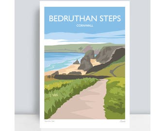 Bedruthan Steps (Carnewas), Cornwall. HAND SIGNED Art Print/Travel Poster by JuliaSIllustration.