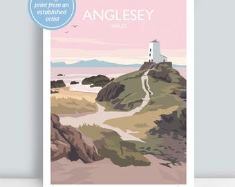 May include: A print of Anglesey, Wales, featuring a white lighthouse on a hill, a path leading to it, and a pink and blue sky. The print is hand-signed by an established artist.
