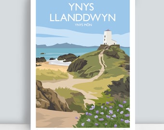 Pode incluir: Uma ilustração colorida de um farol numa pequena ilha com um caminho que leva até ele. O texto "Ynys Llanddwyn Ynys Môn" está no topo da imagem.