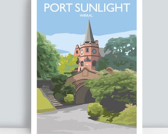 May include: A colorful illustration of a church with a tall spire, a bridge, and green trees. The text "PORT SUNLIGHT" and "WIRRAL" is printed in white on a blue background.