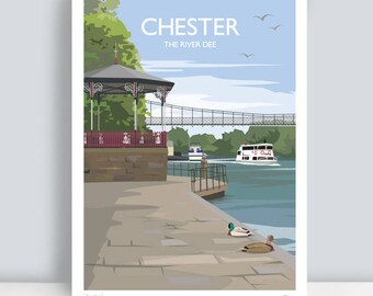 Chester, The River Dee, Cheshire. HAND SIGNED Art Print/Travel Poster by Julia S Illustration.
